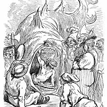 A man is coming out of the mouth of an enormous fish as men standing by watch in wonder