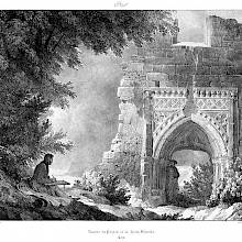 an artist sitting beneath a tree draws a medieval archway with a man standing in the shadow