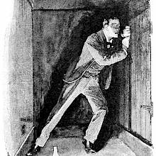 A man is trapped in a lamplit underground room and vainly tries to open the door