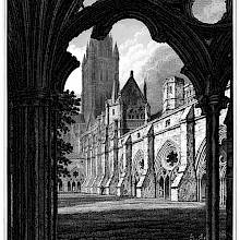 View of the tower and south side of Salisbury Cathedral through a dilapidated arch