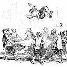 A group of men tosses Sancho Panza up in the air with a blanket