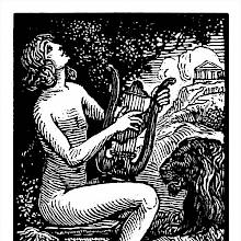 Orpheus is sitting on a capital, playing the lyre and singing with two lions lying at his feet.