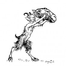 A young and smiling satyr carries a ram's head in his outstretched hands