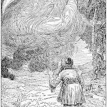 A man is kneeling before the a genie wielding a scimitar in the process arising from smoke