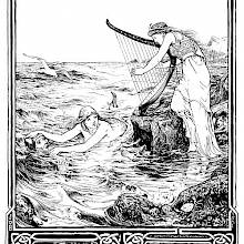 A woman plays the harp on a sea shore as a mermaid takes hold of a man in the water