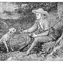 A young man wearing breeches and a hat has sat down at the foot of a tree to snack, giving a morsel to his dog
