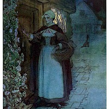 A woman tugs at the bell-pull of a front door as light shines through a window behind her