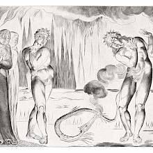 Dante, Virgil, and a thief stand to the left of Donati who has just been bitten by a snake