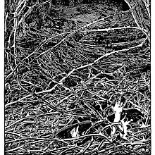 The hands of a prince calling for help rise out of a tangle of thorns overgrowing a castle