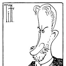Three-quarter caricature portrait of George Bernard Shaw sitting