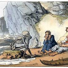 Two castaways mope on a shore while Death, represented as a skeleton, sits on a rock opposite them