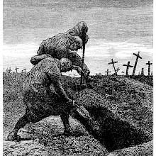 Two men are busy digging a grave in a cemetery with crosses in the background