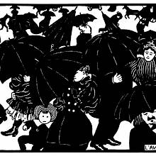 Woodcut showing a busy street with pedestrians caught in the rain with their umbrellas