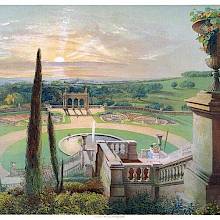 Lower terrace at Shrubland Hall, as seen from the upper, with the pond and Italianate loggia