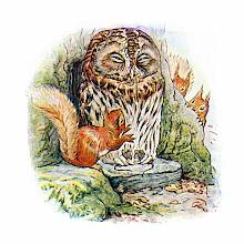 A sleepy owl sits with mice in its claws, heedless of the squirrels fluttering about