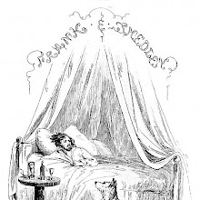 Half-title page for Lewis Arundel showing a man lying in bed not looking well