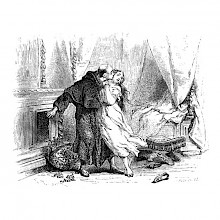 A man in a clerical robe embraces and kisses a woman fresh out of her bed