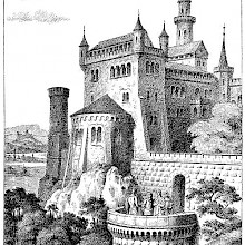View of an imaginary medieval castle with battlements, turrets and bartizans