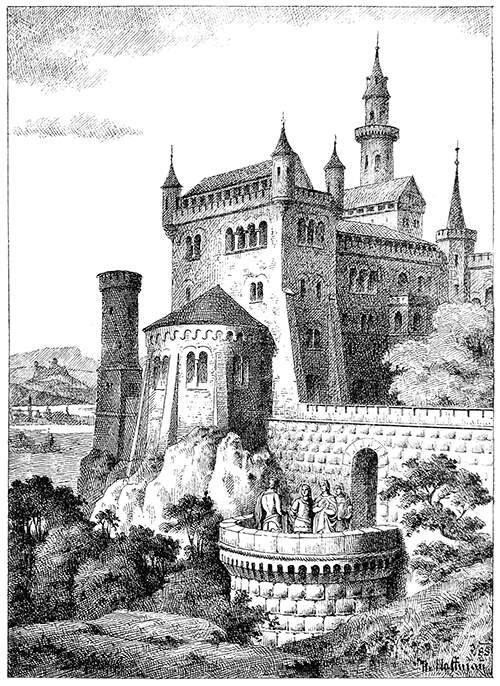 View of an imaginary medieval castle with battlements, turrets and bartizans