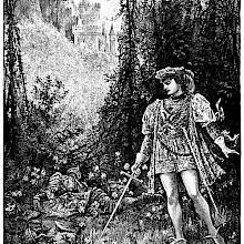 A knight stands on the edge of a wood holding a sword as corpses lie around him