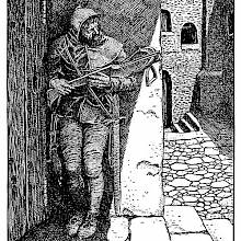 A man with a crossbow hides in wait in the shadow of a doorway