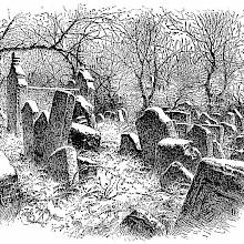 View of a graveyard with leaning headstones randomly arranged and trees in the background