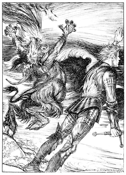 A knight and a leaping creature with goat's legs stand in a storm on the seashore