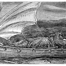 A knight on his last journey lies in a small boat with a figurehead in the shape of a swan