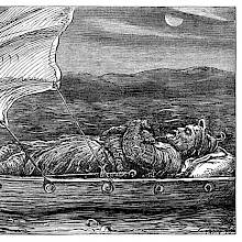 A knight on his last journey lies in a small boat with a figurehead in the shape of a swan