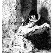 A semi-unconscious young woman is reclining on the lap of a nun sitting on a doorstep