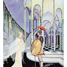 A woman stands talking to a hoplite in front of a fancy building adorned with wreathed columns and a checkered floor