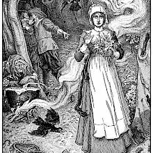 A young woman with a bunch of flowers walks a path in the woods surrounded by hostile figures