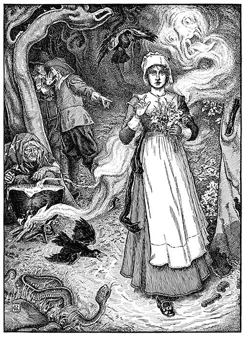 A young woman with a bunch of flowers walks a path in the woods surrounded by hostile figures
