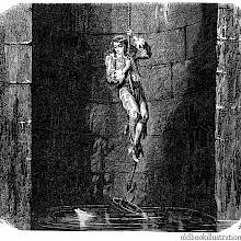 A man is sliding down a rope into a well to try to recover a piece of paper