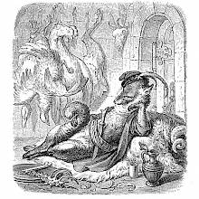 Reynard the Fox is reclining on a couch with a plate displaying poultry bones before him