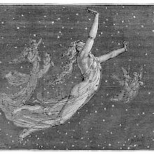 A woman draped in a transparent veil floats through a starry sky roamed by other flying figures