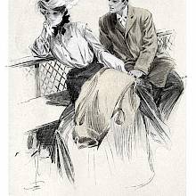 A woman is sitting on a bench next to a man, turning away from him while holding a handkerchief