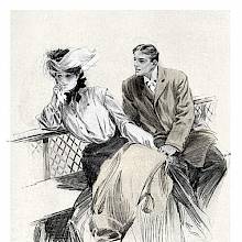 A woman is sitting on a bench next to a man, turning away from him while holding a handkerchief