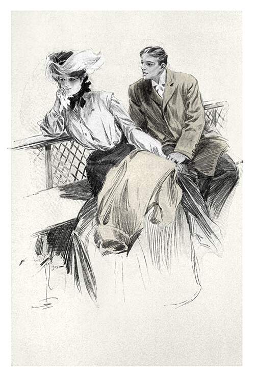A woman is sitting on a bench next to a man, turning away from him while holding a handkerchief