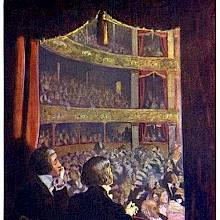 Two men are seen from behind sitting in a box at the theater and looking at the audience