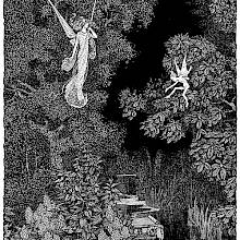 Puck and a fairy are floating in mid-air over a pond in a luxuriant garden
