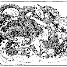 A man armed with a sword and a shield fights a three-headed sea monster
