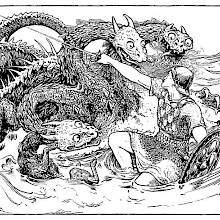 A man armed with a sword and a shield fights a three-headed sea monster