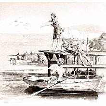 A woman is about to dive from a pier as another talks to a third woman in a rowboat