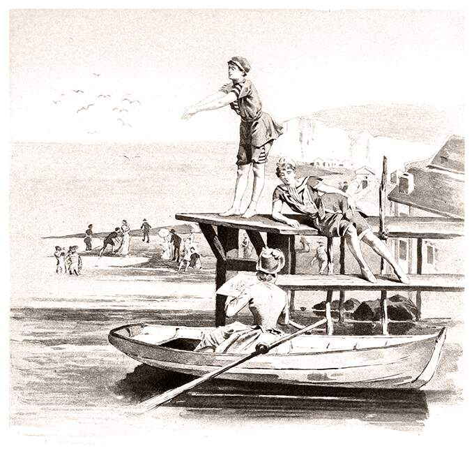 A woman is about to dive from a pier as another talks to a third woman in a rowboat