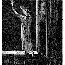A man in a nightshirt stands on a windowsill holding a torch and gesturing toward the sky