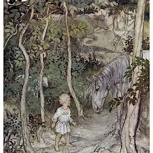 A child stands on a path in the woods looking at a horse as other animals can be seen around