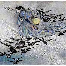 A woman travels through a starry sky, riding on the backs of magpies flocking around her