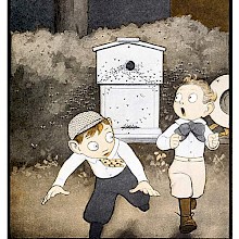 Two boys in plus fours are running away from a swarm of bees coming out of a beehive