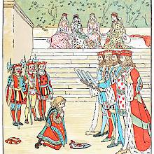 The Knave of Hearts repents on his knees before the four kings holding their swords
